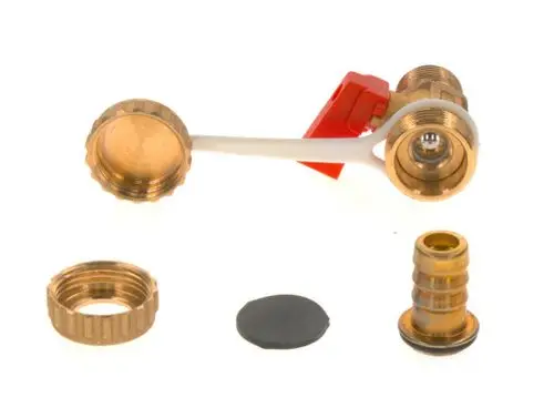 BOSCH Füll- und Entleerhahn besteht aus mehreren Teilen, darunter eine Verbindung mit einem roten Hebel, ein Deckel und eine Dichtung. Ideal für die Regelung von Flüssigkeitsflüssen.